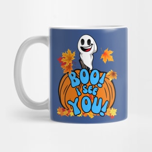 Cute Fall Halloween ghost and pumpkin boo! I see you! Mug